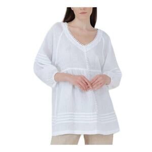 Haris Cotton Curve V Neck White 100% Linen Pom Pom Trim Tunic Blouse Greece M
